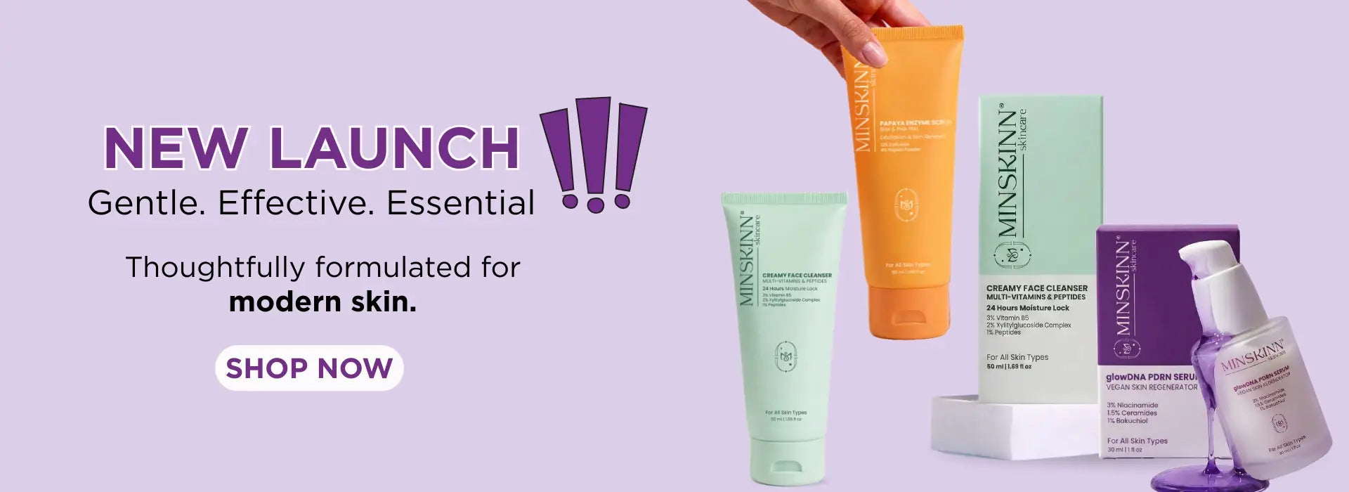 Skincare products with text about a new launch